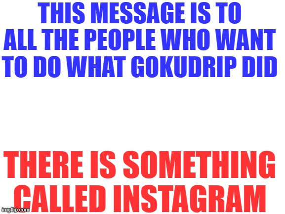 Use Instagram not Imgflip | THIS MESSAGE IS TO ALL THE PEOPLE WHO WANT TO DO WHAT GOKUDRIP DID; THERE IS SOMETHING CALLED INSTAGRAM | image tagged in blank white template | made w/ Imgflip meme maker