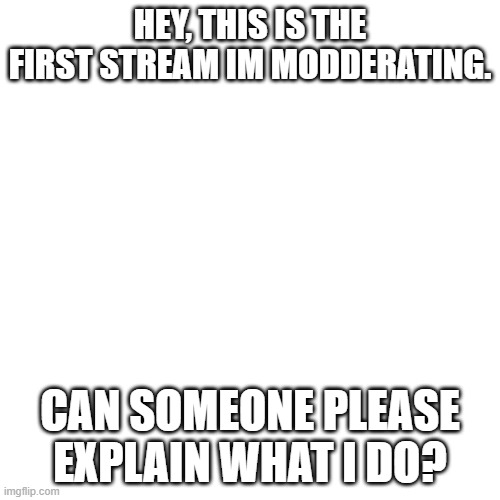 help | HEY, THIS IS THE FIRST STREAM IM MODDERATING. CAN SOMEONE PLEASE EXPLAIN WHAT I DO? | image tagged in memes,blank transparent square | made w/ Imgflip meme maker