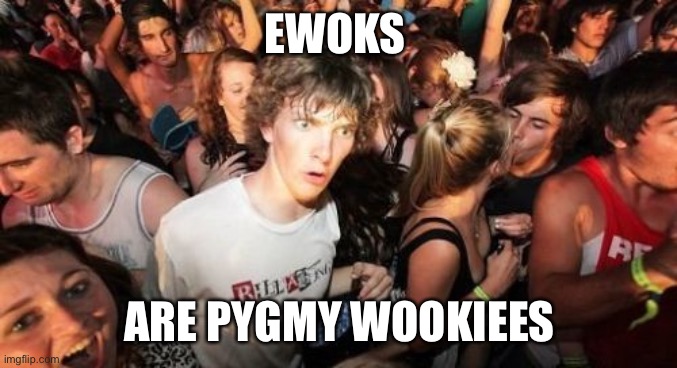 Sudden Clarity Clarence |  EWOKS; ARE PYGMY WOOKIEES | image tagged in memes,sudden clarity clarence,ewok,wookie,star wars | made w/ Imgflip meme maker