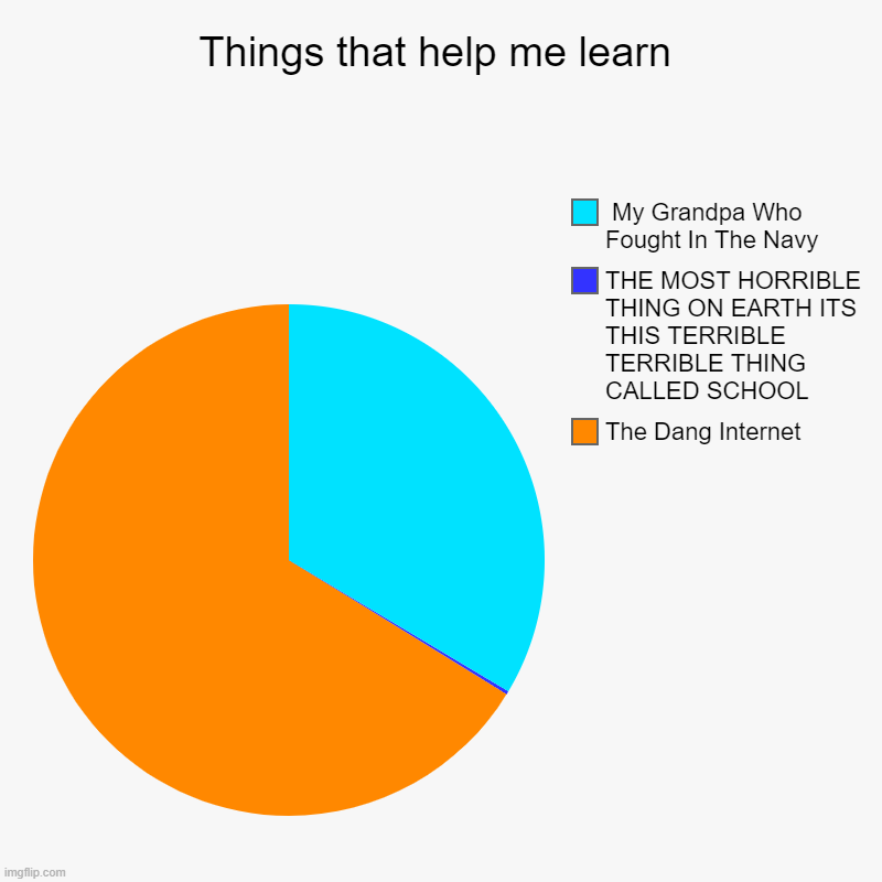 The Grandpa Part Is True :P | Things that help me learn | The Dang Internet, THE MOST HORRIBLE THING ON EARTH ITS THIS TERRIBLE TERRIBLE THING CALLED SCHOOL,  My Grandpa  | image tagged in charts,pie charts | made w/ Imgflip chart maker