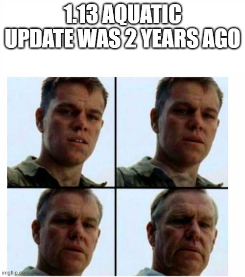 Matt Damon gets older | 1.13 AQUATIC UPDATE WAS 2 YEARS AGO | image tagged in matt damon gets older | made w/ Imgflip meme maker