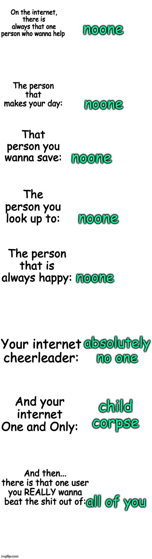 People on the internet | noone; noone; noone; noone; noone; absolutely no one; child corpse; all of you | image tagged in people on the internet | made w/ Imgflip meme maker