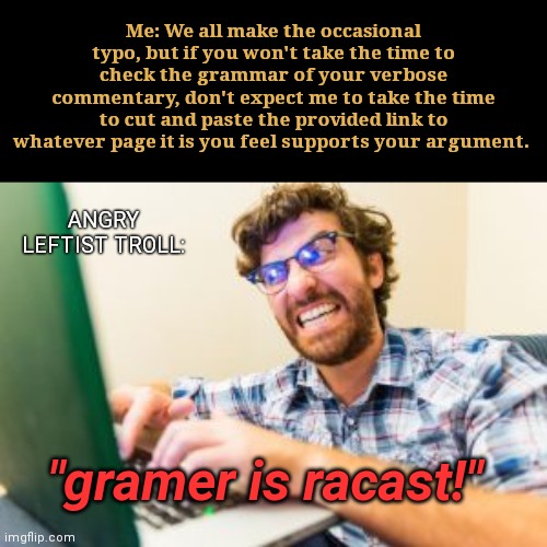 The triggered illiterate | Me: We all make the occasional typo, but if you won't take the time to check the grammar of your verbose commentary, don't expect me to take the time to cut and paste the provided link to whatever page it is you feel supports your argument. ANGRY LEFTIST TROLL:; "gramer is racast!" | image tagged in angry online troll,flamers,illiteracy,comments,triggered liberal,leftists | made w/ Imgflip meme maker