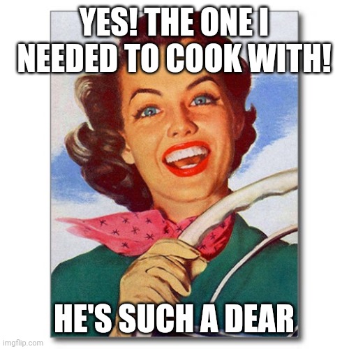Vintage '50s woman driver | YES! THE ONE I NEEDED TO COOK WITH! HE'S SUCH A DEAR | image tagged in vintage '50s woman driver | made w/ Imgflip meme maker