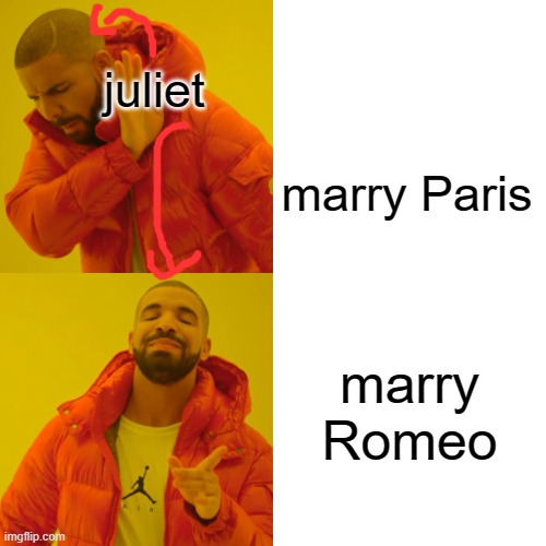 Romeo & Juliet | juliet                                                                 marry Paris; marry Romeo | image tagged in memes,drake hotline bling | made w/ Imgflip meme maker