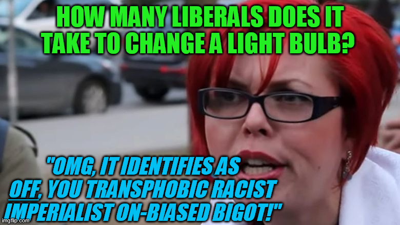 I'm starting to believe jokes like this are fiction less and less | HOW MANY LIBERALS DOES IT TAKE TO CHANGE A LIGHT BULB? "OMG, IT IDENTIFIES AS OFF, YOU TRANSPHOBIC RACIST IMPERIALIST ON-BIASED BIGOT!"; ___ | image tagged in triggered liberal,cultural marxism,transgender | made w/ Imgflip meme maker