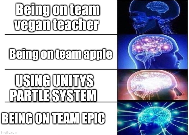 The brains of teams | Being on team vegan teacher; Being on team apple; USING UNITYS PARTLE SYSTEM; BEING ON TEAM EPIC GAMES | image tagged in brain power,epic vs apple,unitys partile system,dank memes | made w/ Imgflip meme maker