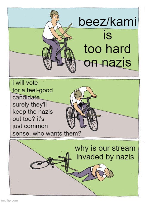 vote beez/kami or if this stream gets re-hijacked by nazis, don't say we didn't warn ya | beez/kami is too hard on nazis; i will vote for a feel-good candidate. surely they'll keep the nazis out too? it's just common sense. who wants them? why is our stream invaded by nazis | image tagged in memes,bike fall,nazis,neo-nazis,meme stream,presidential race | made w/ Imgflip meme maker