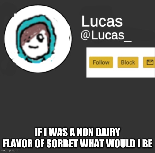 Lucas | IF I WAS A NON DAIRY FLAVOR OF SORBET WHAT WOULD I BE | image tagged in lucas | made w/ Imgflip meme maker