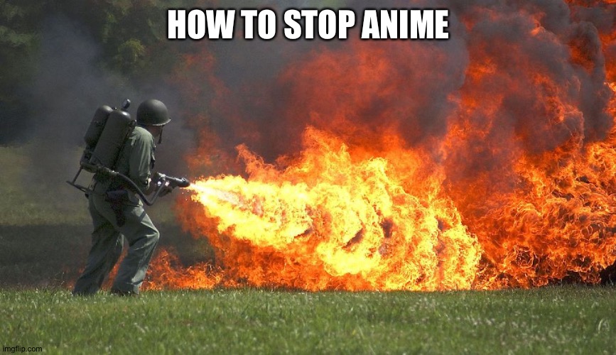flammenwerfer | HOW TO STOP ANIME | image tagged in flammenwerfer | made w/ Imgflip meme maker