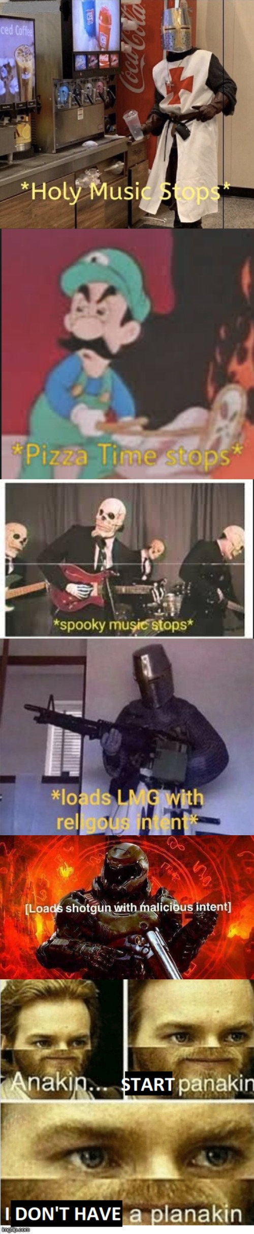 image tagged in holy music stops,pizza time stops,spooky music stops,loads lmg with religious intent,loads shotgun with malicious intent | made w/ Imgflip meme maker