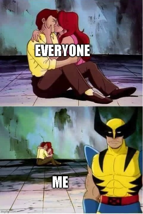 My life story | EVERYONE; ME | image tagged in sad wolverine left out of party | made w/ Imgflip meme maker