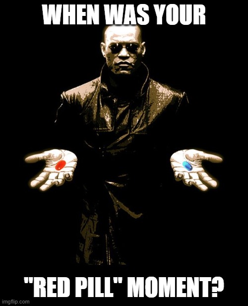 Share your story of how you became Republican/Conservative/Libertarian below. | WHEN WAS YOUR; "RED PILL" MOMENT? | image tagged in morphues red pill blue pill | made w/ Imgflip meme maker