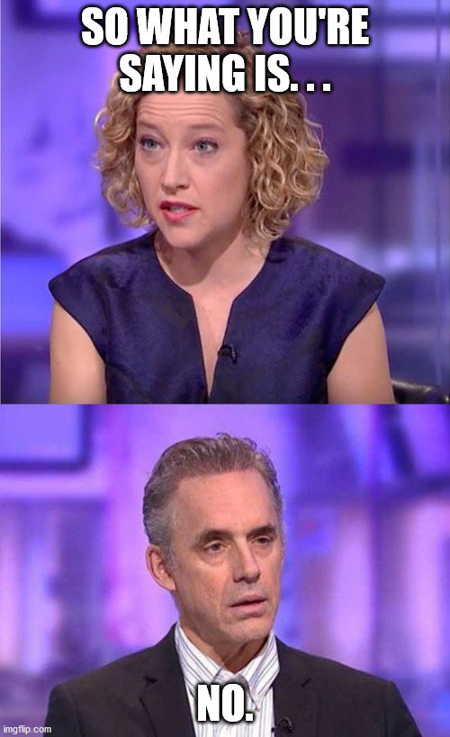 Strawman Denied | SO WHAT YOU'RE SAYING IS. . . NO. | image tagged in jordan peterson interview channel 4 | made w/ Imgflip meme maker