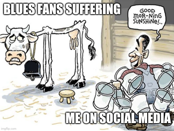 milking the cow | BLUES FANS SUFFERING; ME ON SOCIAL MEDIA | image tagged in milking the cow | made w/ Imgflip meme maker