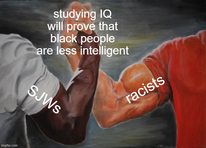 Epic Handshake | studying IQ will prove that black people are less intelligent; racists; SJWs | image tagged in memes,epic handshake,racist,sjw,sjws,iq | made w/ Imgflip meme maker
