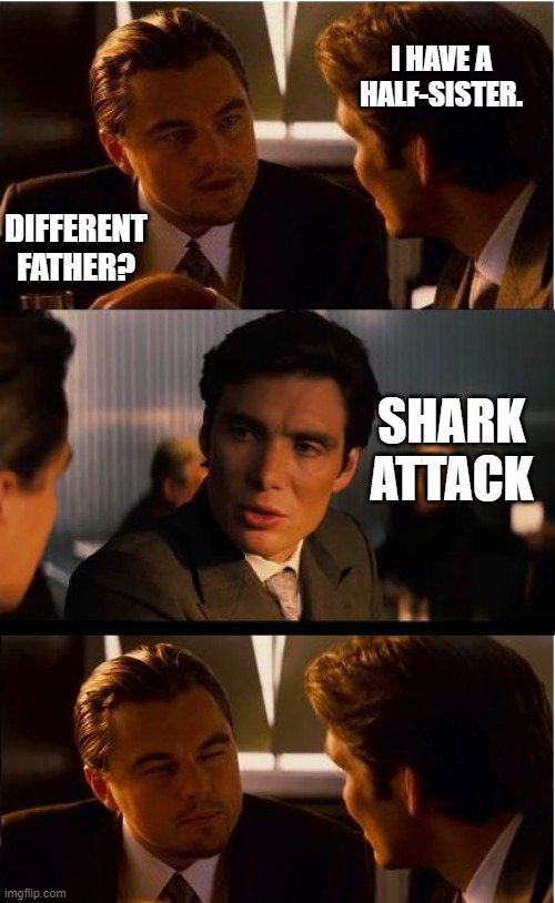 Inception Meme | I HAVE A HALF-SISTER. DIFFERENT FATHER? SHARK ATTACK | image tagged in memes,inception | made w/ Imgflip meme maker