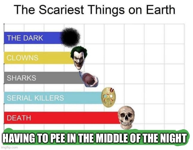 I take long to make up a title | HAVING TO PEE IN THE MIDDLE OF THE NIGHT | image tagged in scariest things on earth | made w/ Imgflip meme maker