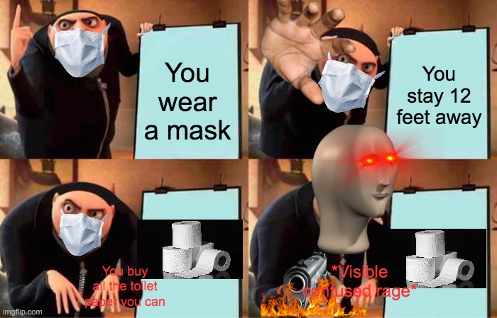 Gru's Plan Meme | You stay 12 feet away; You wear a mask; *Visible confused rage*; You buy all the toilet paper you can | image tagged in memes,gru's plan | made w/ Imgflip meme maker