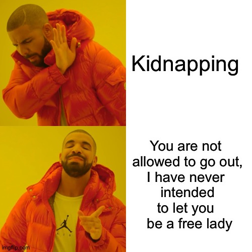 Drake Hotline Bling Meme | Kidnapping; You are not
 allowed to go out,

I have never
 intended to let you
  be a free lady | image tagged in memes,drake hotline bling | made w/ Imgflip meme maker