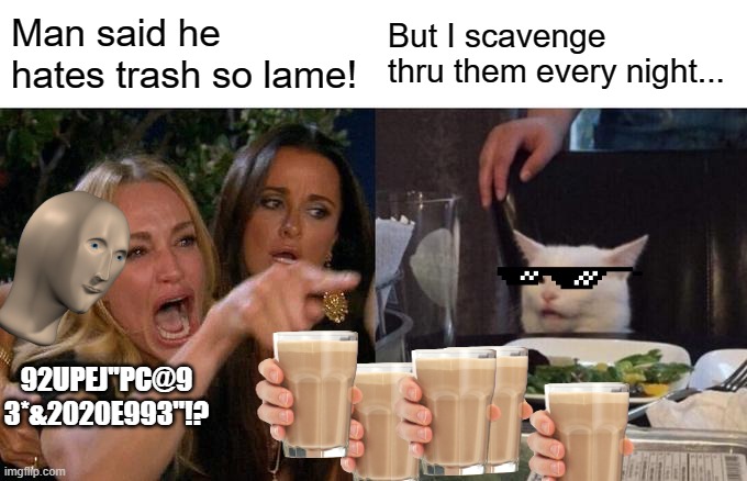 Da fug is this? | Man said he hates trash so lame! But I scavenge thru them every night... 92UPEJ''PC@9
3*&2020E993''!? | image tagged in memes,woman yelling at cat | made w/ Imgflip meme maker