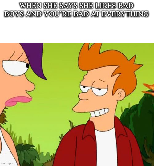 Supremely popular |  WHEN SHE SAYS SHE LIKES BAD BOYS AND YOU’RE BAD AT EVERYTHING | image tagged in memes,slick fry | made w/ Imgflip meme maker