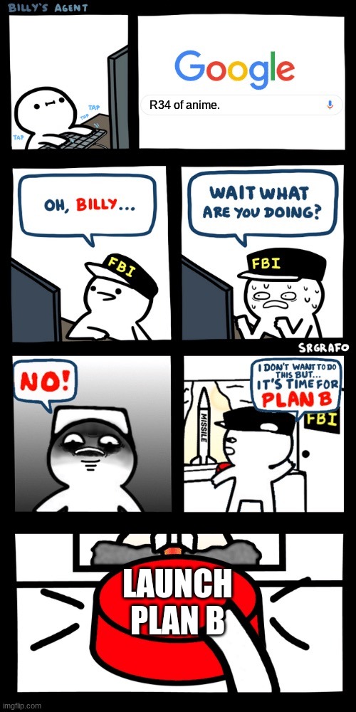 Yeah... | R34 of anime. LAUNCH PLAN B | image tagged in billy s fbi agent plan b,no anime allowed,aaa | made w/ Imgflip meme maker