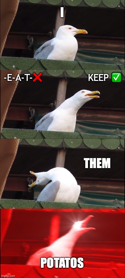 no | I; -E-A-T-❌                KEEP ✅; THEM; POTATOS | image tagged in memes,inhaling seagull | made w/ Imgflip meme maker
