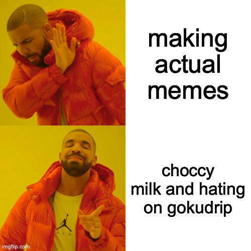 I mean I'm not complaining but REALLY Imgflip? | making actual memes; choccy milk and hating on gokudrip | image tagged in memes,drake hotline bling | made w/ Imgflip meme maker