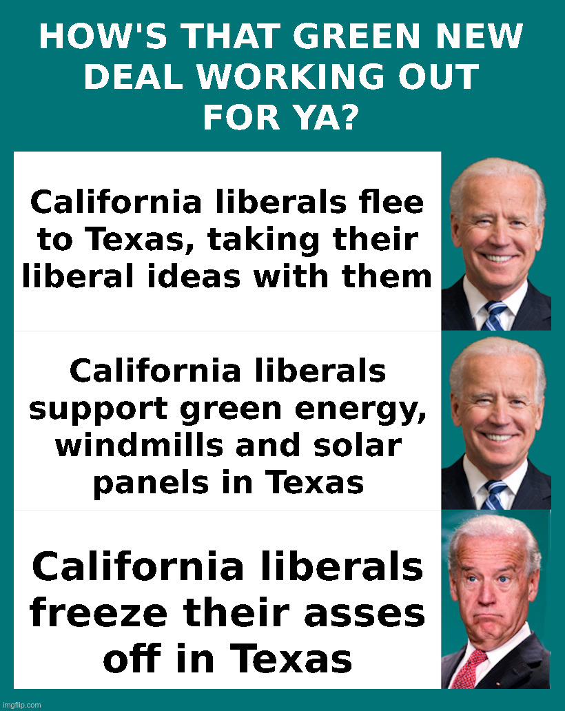How's That Green New Deal Working Out For Ya? | image tagged in green new deal,california,liberals,joe biden,texas,windmill | made w/ Imgflip meme maker
