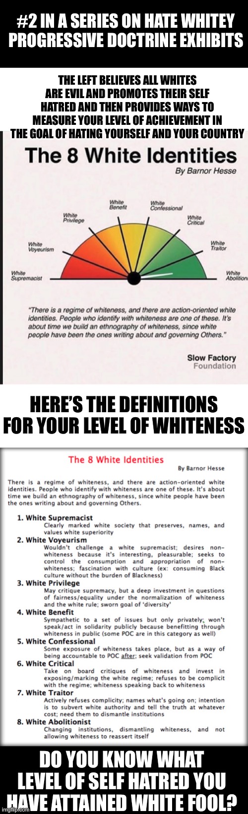 Kill whitey isn’t a slogan it’s a way of life for leftists | #2 IN A SERIES ON HATE WHITEY PROGRESSIVE DOCTRINE EXHIBITS; THE LEFT BELIEVES ALL WHITES ARE EVIL AND PROMOTES THEIR SELF HATRED AND THEN PROVIDES WAYS TO MEASURE YOUR LEVEL OF ACHIEVEMENT IN THE GOAL OF HATING YOURSELF AND YOUR COUNTRY; HERE’S THE DEFINITIONS FOR YOUR LEVEL OF WHITENESS; DO YOU KNOW WHAT LEVEL OF SELF HATRED YOU HAVE ATTAINED WHITE FOOL? | image tagged in leftists,racist,that's racist,democratic socialism,liars club | made w/ Imgflip meme maker