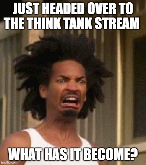 wondering if (worst crime known to man) is ever acceptable is not a think tank q. | JUST HEADED OVER TO THE THINK TANK STREAM; WHAT HAS IT BECOME? | image tagged in disgusted face | made w/ Imgflip meme maker