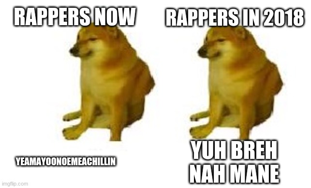 Cheems vs cheems | RAPPERS IN 2018; RAPPERS NOW; YEAMAYOONOEMEACHILLIN; YUH BREH NAH MANE | image tagged in cheems vs cheems | made w/ Imgflip meme maker