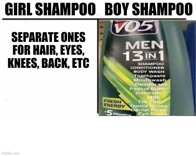 comparison table | GIRL SHAMPOO; BOY SHAMPOO; SEPARATE ONES FOR HAIR, EYES, KNEES, BACK, ETC | image tagged in comparison table | made w/ Imgflip meme maker