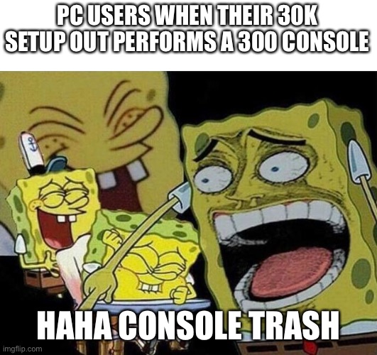 Spongebob laughing Hysterically | PC USERS WHEN THEIR 30K SETUP OUT PERFORMS A 300 CONSOLE; HAHA CONSOLE TRASH | image tagged in spongebob laughing hysterically | made w/ Imgflip meme maker