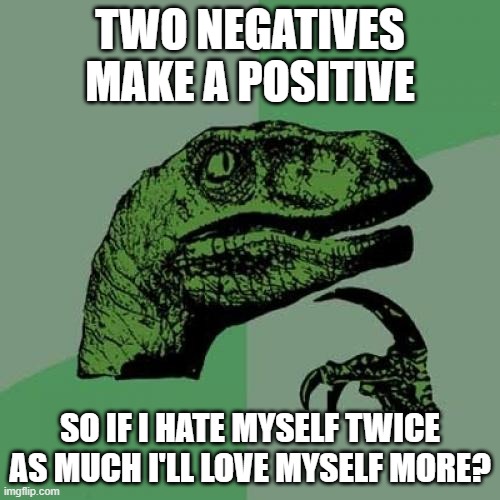 two negatives | TWO NEGATIVES MAKE A POSITIVE; SO IF I HATE MYSELF TWICE AS MUCH I'LL LOVE MYSELF MORE? | image tagged in memes,philosoraptor,positive thinking | made w/ Imgflip meme maker