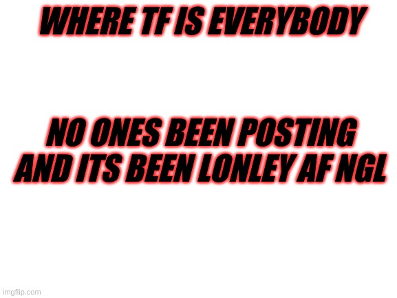 ;-; |  WHERE TF IS EVERYBODY; NO ONES BEEN POSTING AND ITS BEEN LONLEY AF NGL | image tagged in blank white template | made w/ Imgflip meme maker