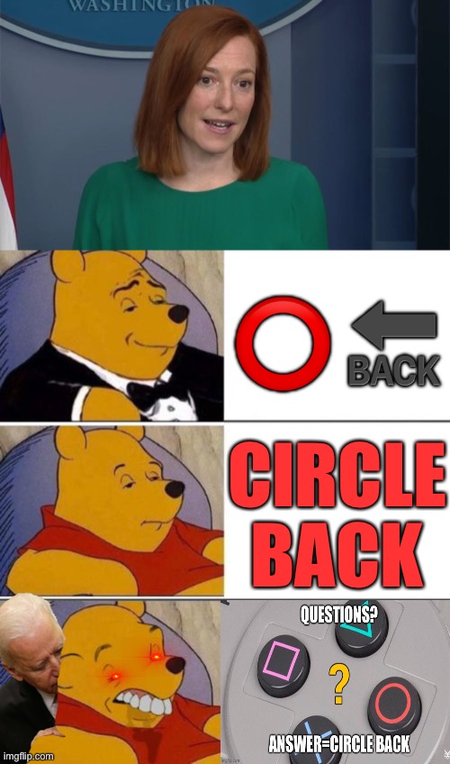 ⭕️ 🔙; CIRCLE BACK | image tagged in circle back psaki,tuxedo on top winnie the pooh 3 panel | made w/ Imgflip meme maker