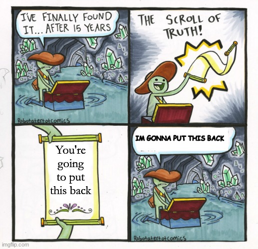 Why did I do this | IM GONNA PUT THIS BACK; You're going to put this back | image tagged in memes,the scroll of truth | made w/ Imgflip meme maker