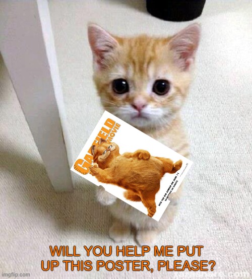 Cute cat. The movie. |  WILL YOU HELP ME PUT 
UP THIS POSTER, PLEASE? | image tagged in cute cat,cute,funny,garfield,meme | made w/ Imgflip meme maker