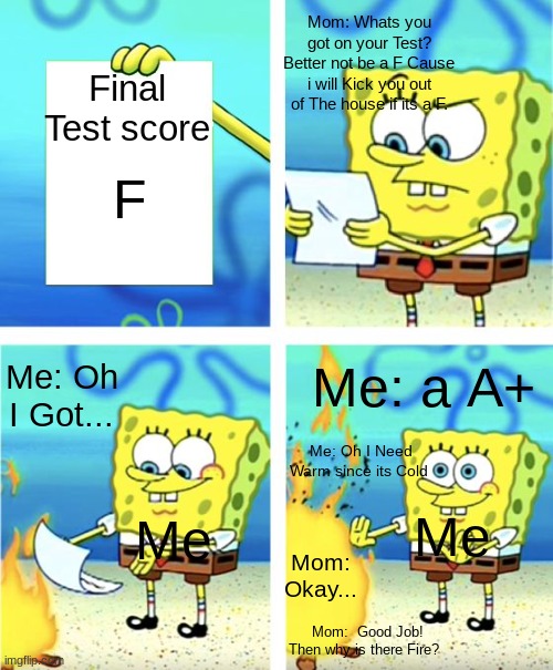 Imagine i would not do this. | Mom: Whats you got on your Test? Better not be a F Cause i will Kick you out of The house if its a F. Final Test score; F; Me: Oh I Got... Me: a A+; Me: Oh I Need Warm since its Cold; Me; Me; Mom: Okay... Mom:  Good Job! Then why is there Fire? | image tagged in spongebob burning paper,test,score,not funny,imagination spongebob,i'm gonna pretend i didn't see that | made w/ Imgflip meme maker