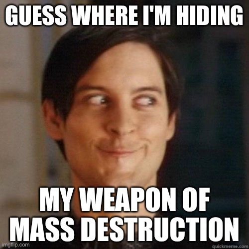 Guess where I'm hiding my weapon of mass destruction | GUESS WHERE I'M HIDING; MY WEAPON OF
MASS DESTRUCTION | image tagged in evil smile,funny,meme,memes,funny memes,funny meme | made w/ Imgflip meme maker
