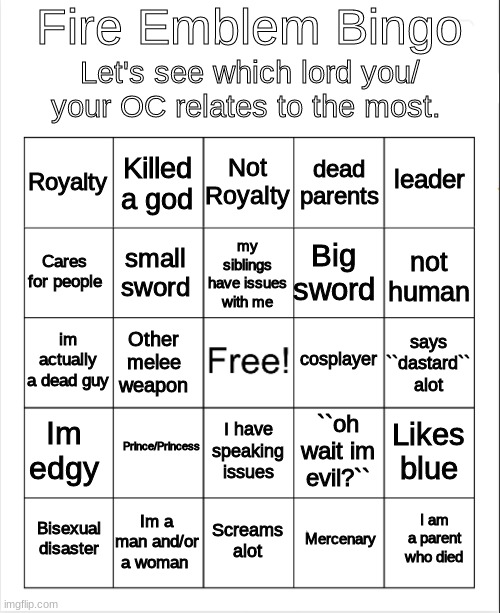 Fire Emblem Bingo | Fire Emblem Bingo; Let's see which lord you/ your OC relates to the most. Not Royalty; Killed a god; leader; Royalty; dead parents; my siblings have issues with me; Cares for people; not human; Big sword; small sword; im actually a dead guy; cosplayer; says ``dastard`` alot; Other melee weapon; Im edgy; Prince/Princess; Likes blue; ``oh wait im evil?``; I have speaking issues; Im a man and/or a woman; I am a parent who died; Bisexual disaster; Screams alot; Mercenary | image tagged in blank bingo | made w/ Imgflip meme maker