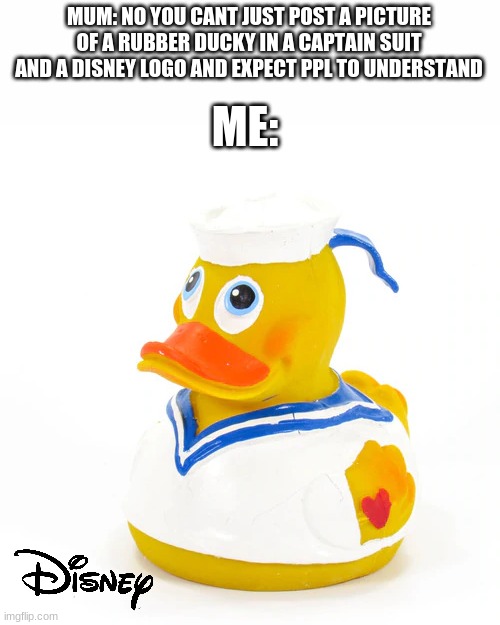 ppl will understand | MUM: NO YOU CANT JUST POST A PICTURE OF A RUBBER DUCKY IN A CAPTAIN SUIT AND A DISNEY LOGO AND EXPECT PPL TO UNDERSTAND; ME: | image tagged in you,cant | made w/ Imgflip meme maker