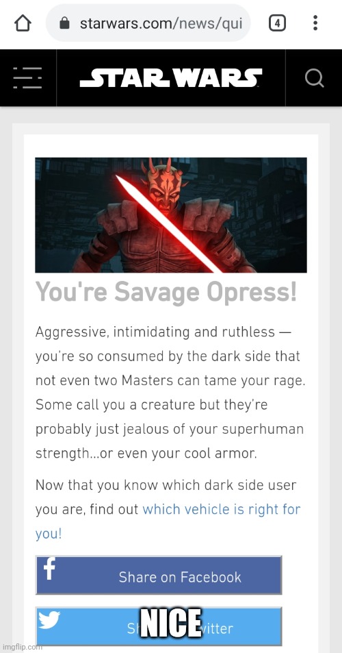 Link to the quiz https://www.starwars.com/news/quiz-which-dark-side-user-are-you | NICE | image tagged in star wars | made w/ Imgflip meme maker