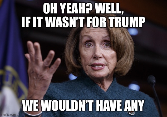 Good old Nancy Pelosi | OH YEAH? WELL, IF IT WASN’T FOR TRUMP WE WOULDN’T HAVE ANY | image tagged in good old nancy pelosi | made w/ Imgflip meme maker