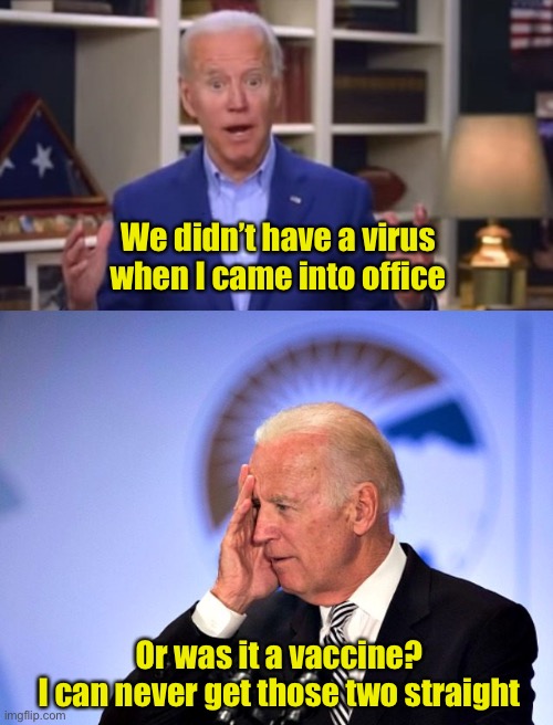 Anyway, it’s Trump’s fault | We didn’t have a virus
when I came into office; Or was it a vaccine?
I can never get those two straight | image tagged in joe biden you ain't black,corn pop,biden gaff | made w/ Imgflip meme maker