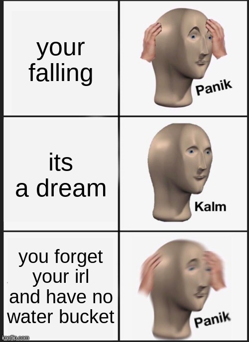 Panik Kalm Panik Meme | your falling; its a dream; you forget your irl and have no water bucket | image tagged in memes,panik kalm panik | made w/ Imgflip meme maker