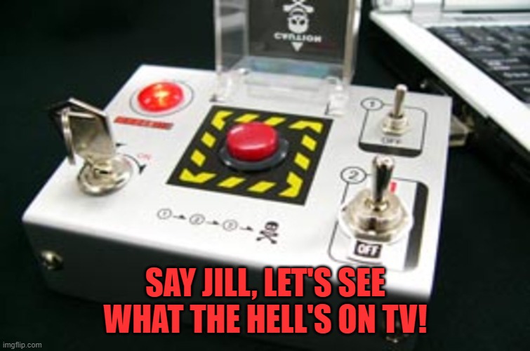 Nuke button | SAY JILL, LET'S SEE WHAT THE HELL'S ON TV! | image tagged in nuke button | made w/ Imgflip meme maker