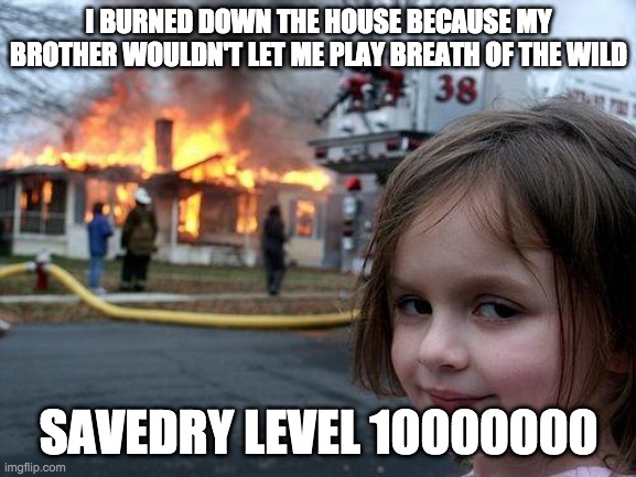 Disaster Girl Meme | I BURNED DOWN THE HOUSE BECAUSE MY BROTHER WOULDN'T LET ME PLAY BREATH OF THE WILD; SAVEDRY LEVEL 10000000 | image tagged in memes,disaster girl | made w/ Imgflip meme maker